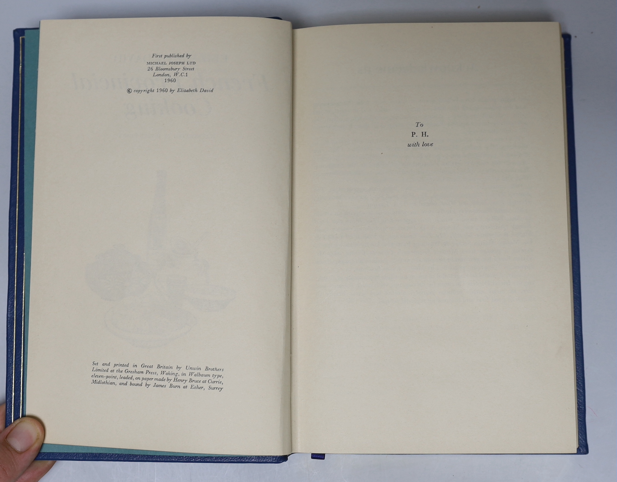 David, Elizabeth - French Provincial Cooking, 1st edition, illustrated by Juliet Renny, 8vo, in fine blue morocco binding, the spine with five raised bands, marbled end-papers, Michael Joseph, London, 1960.